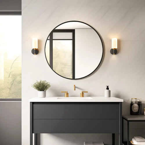 30" Round Bathroom Wall Mirror, Black