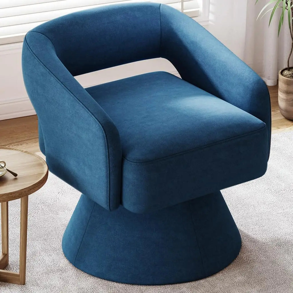Round Blue Velvet Swivel Barrel Chair