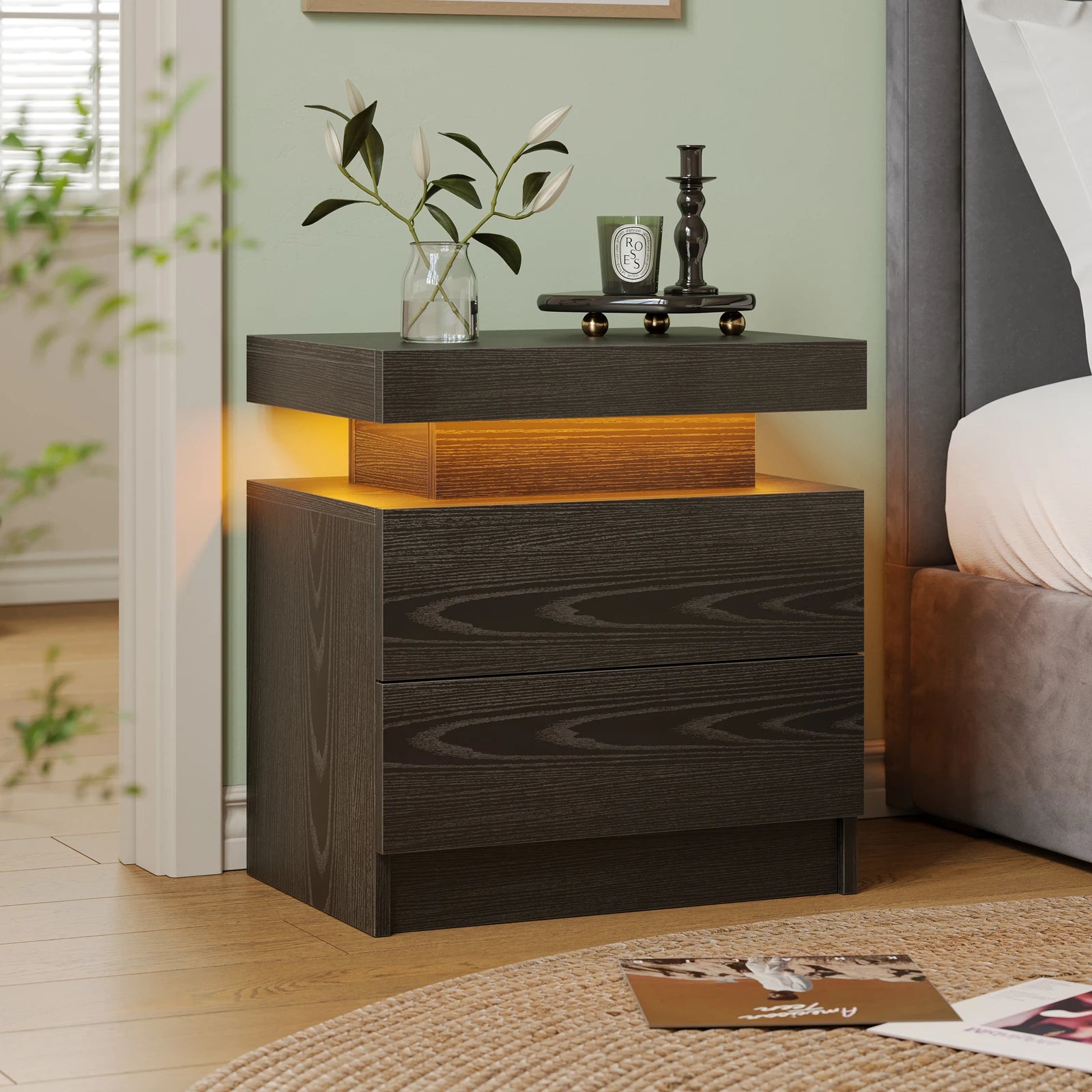 LED Nightstands With 2 Drawers, End Table