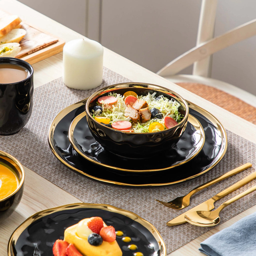 LOVECASA 16/32 Piece Black/Gold Porcelain Dinnerware Set
