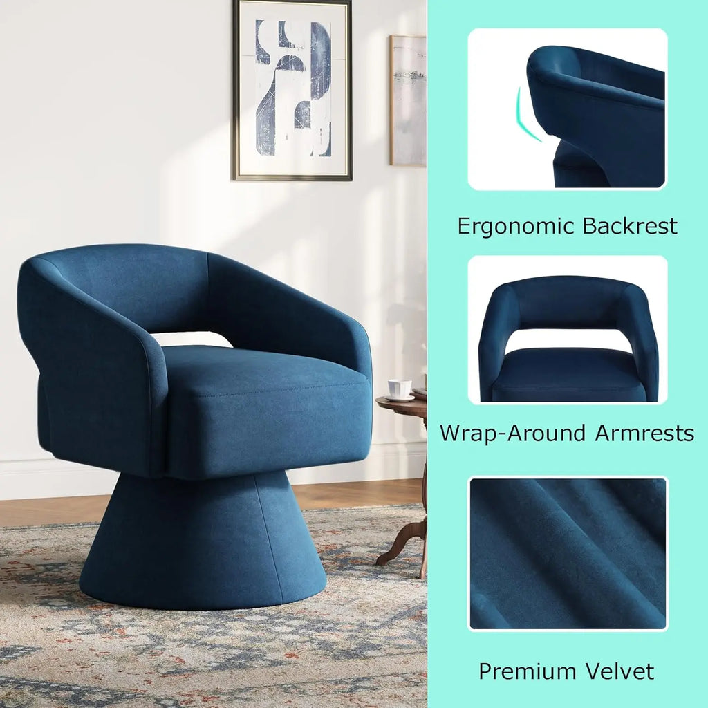Round Blue Velvet Swivel Barrel Chair