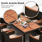 9PC Patio Wicker Dining Set Acacia Wood Table Top