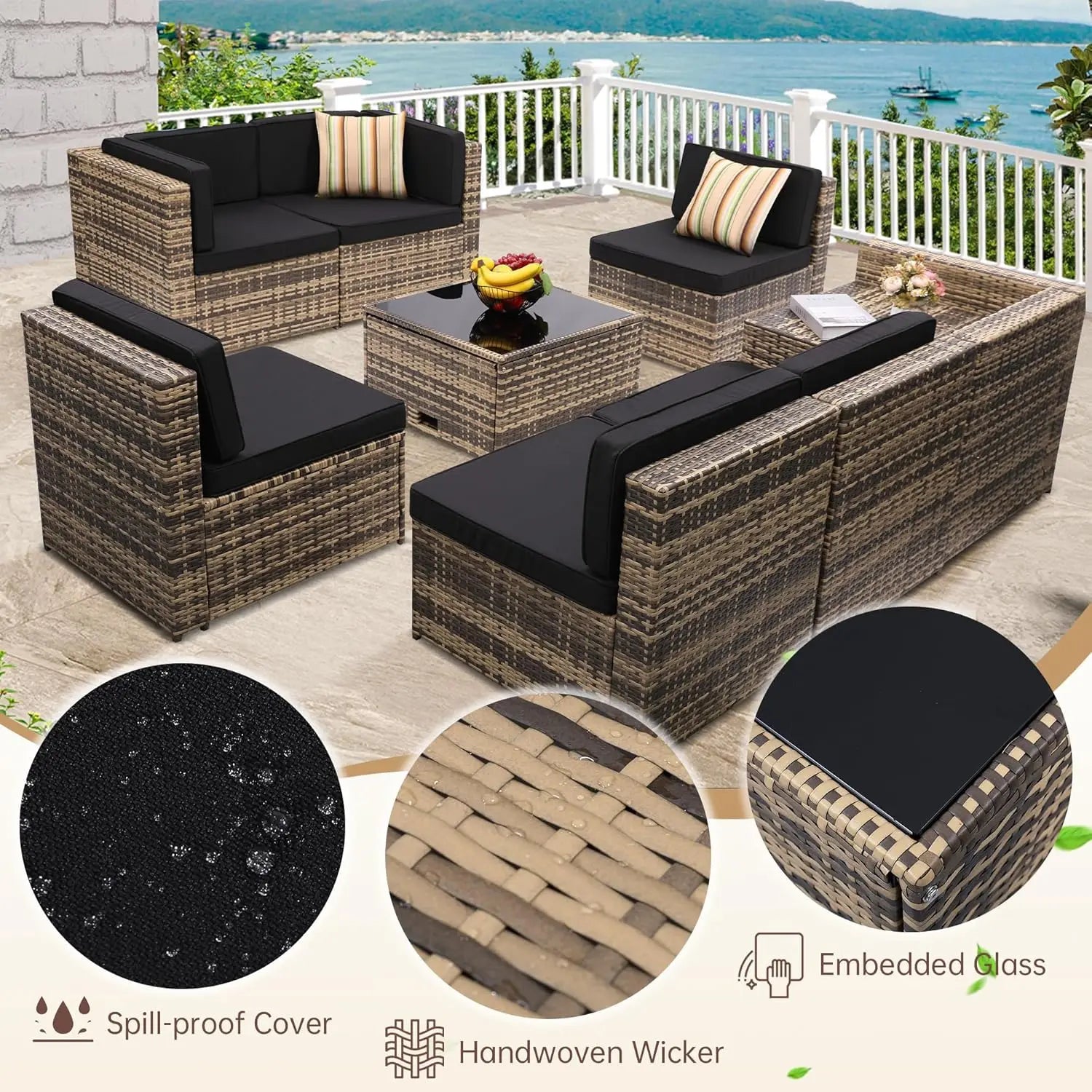 8 Pc Wicker Rattan Patio Furniture Set