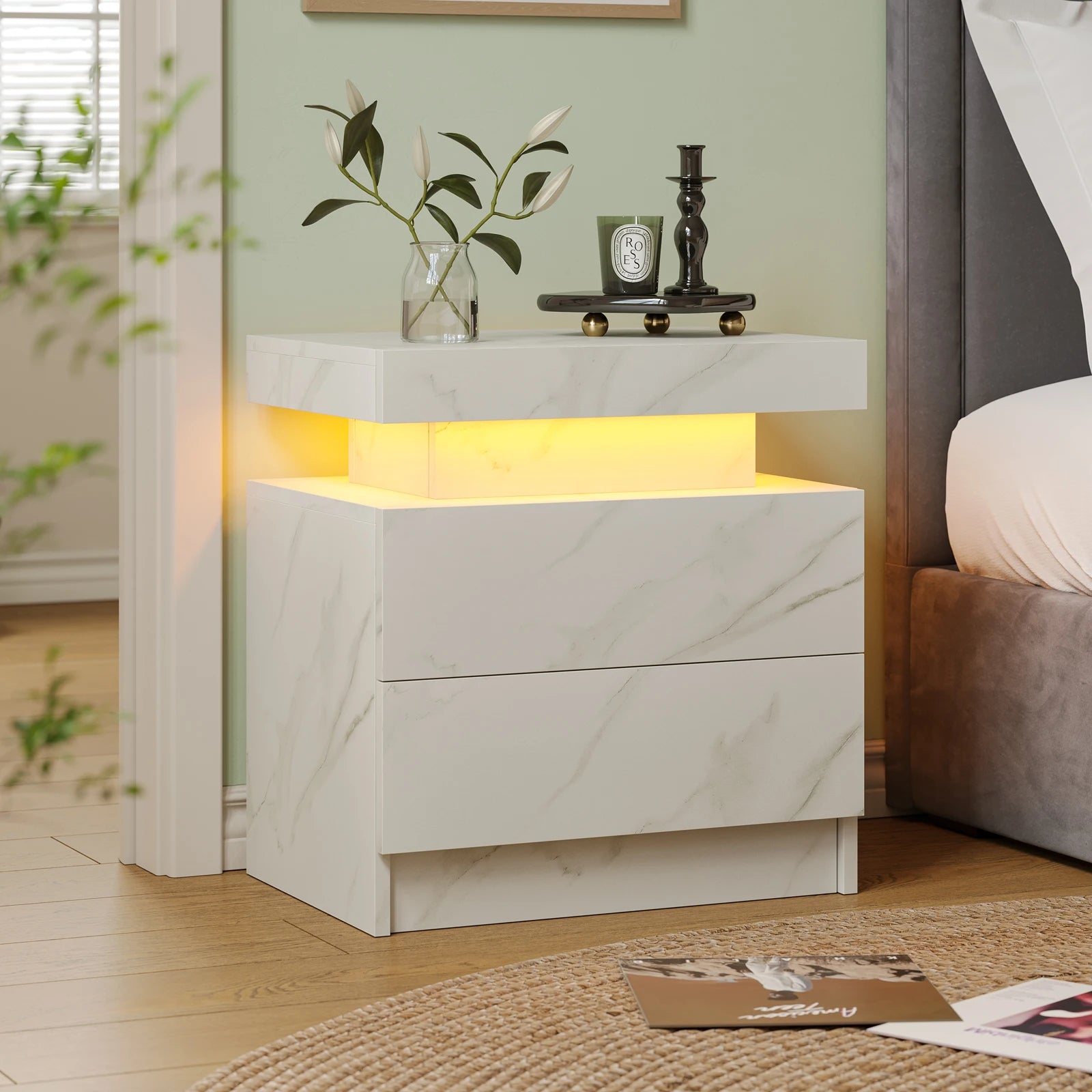 LED Nightstands With 2 Drawers, End Table
