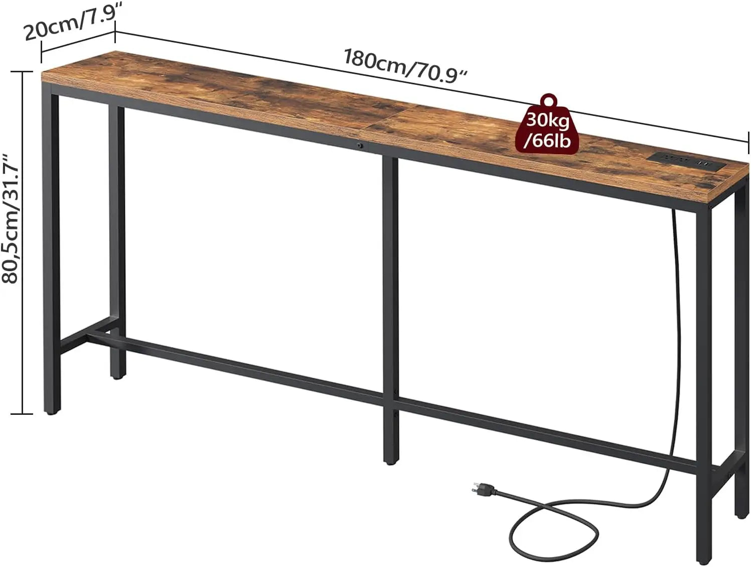 70.9'' Narrow Console Table with Outlet & USB Ports
