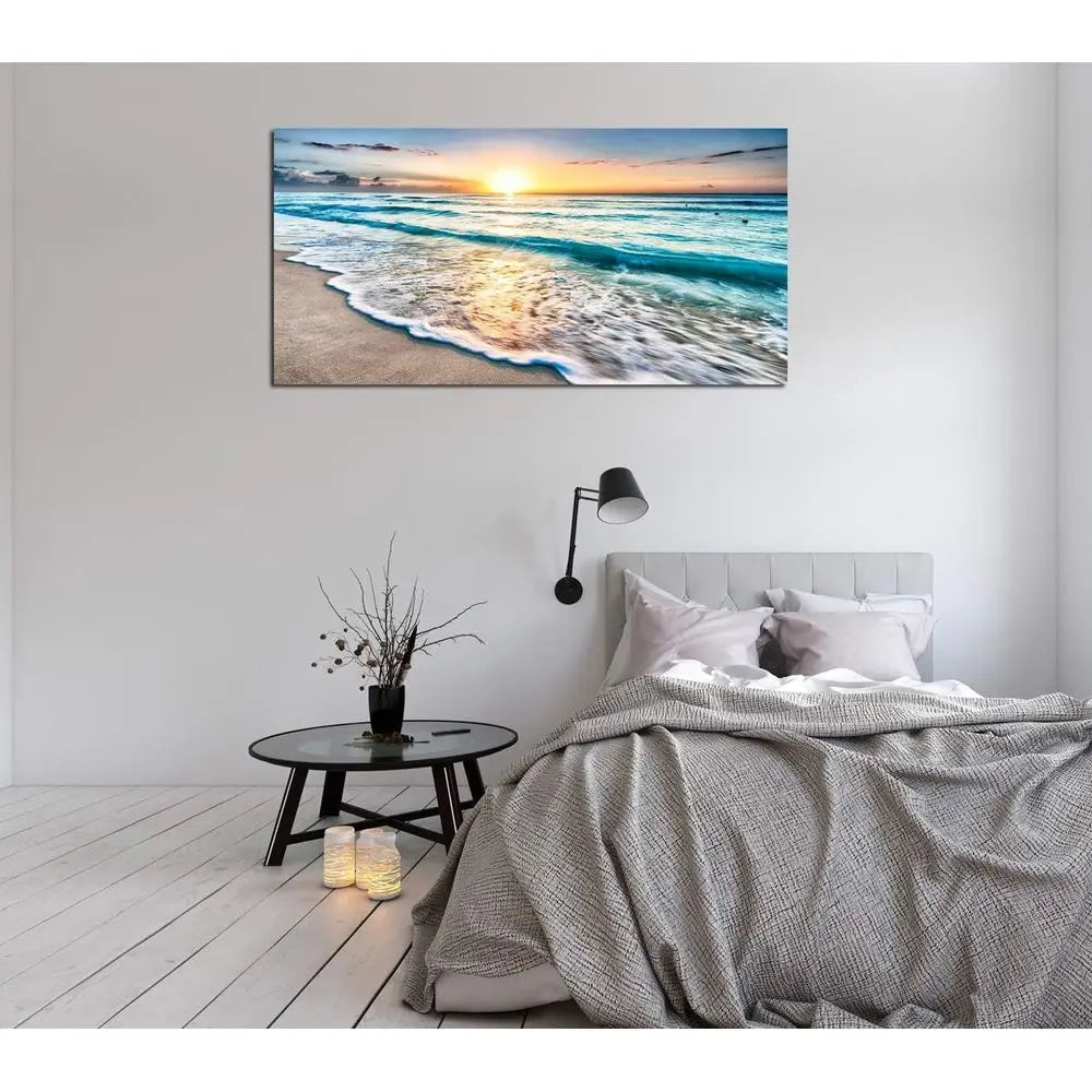Canvas  Wall Art, Beach Sunset Ocean Waves