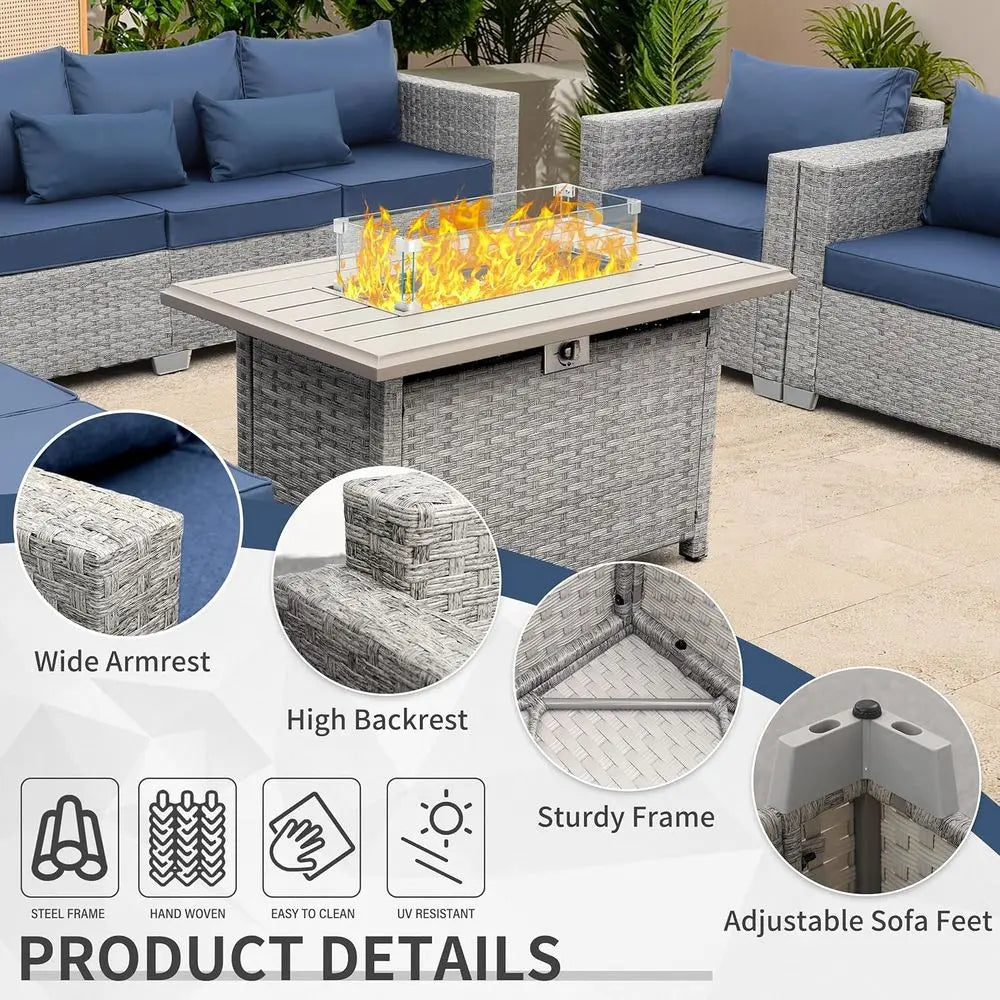 6-Pc Grey Rattan Outdoor Sofa Set With Fire Pit