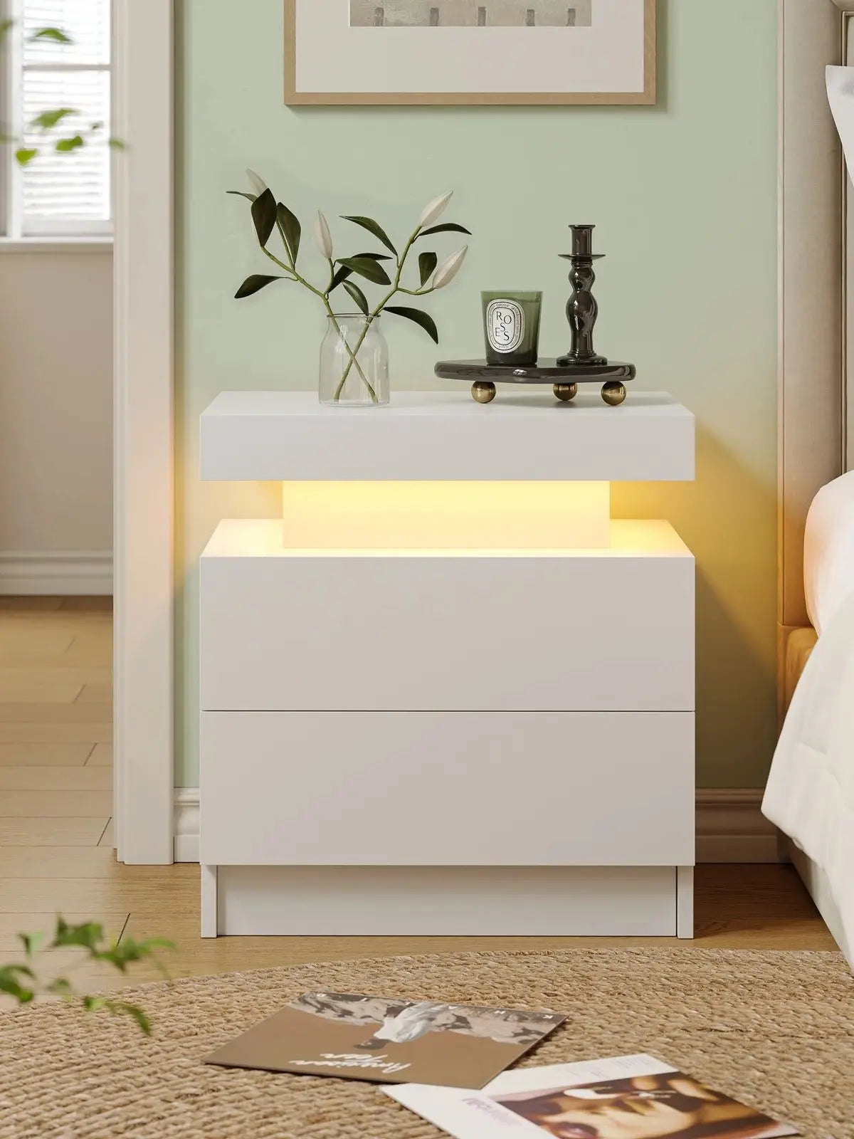 LED Nightstands With 2 Drawers, End Table