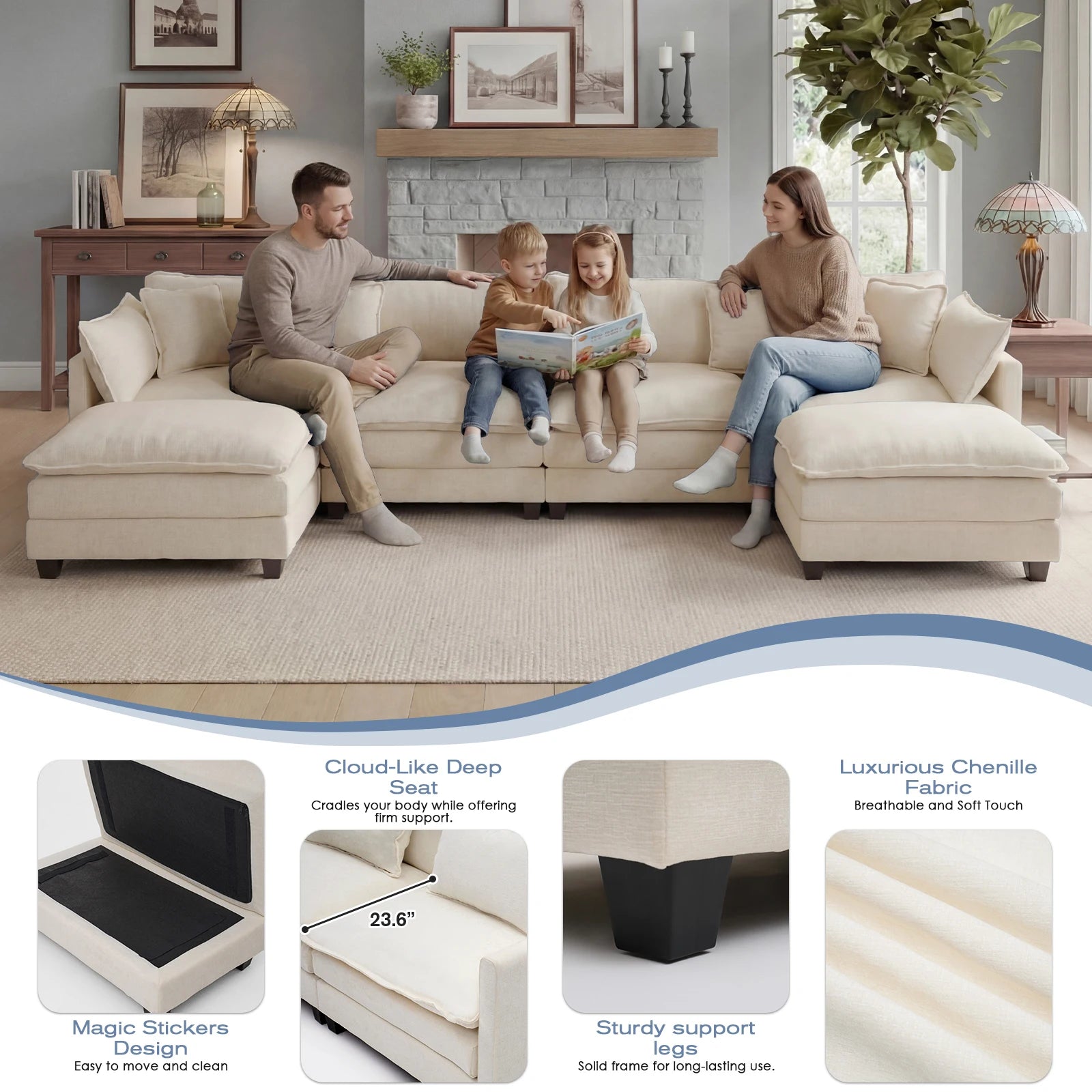 113.4" Modular Sectional Sofa with Ottoman