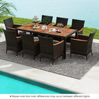 9PC Patio Wicker Dining Set Acacia Wood Table Top