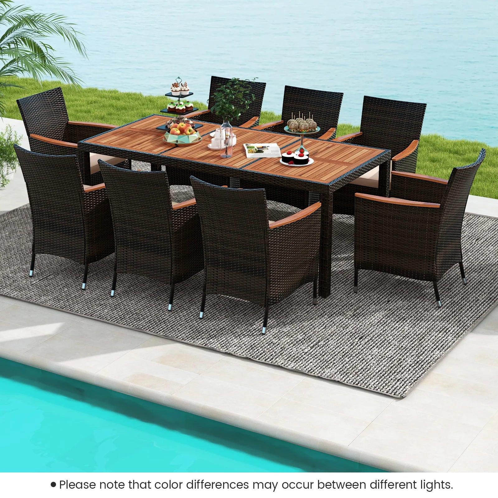 9PC Patio Wicker Dining Set Acacia Wood Table Top