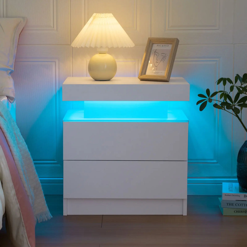 LED Nightstands With 2 Drawers, End Table