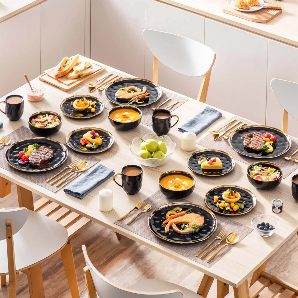 LOVECASA 16/32 Piece Black/Gold Porcelain Dinnerware Set