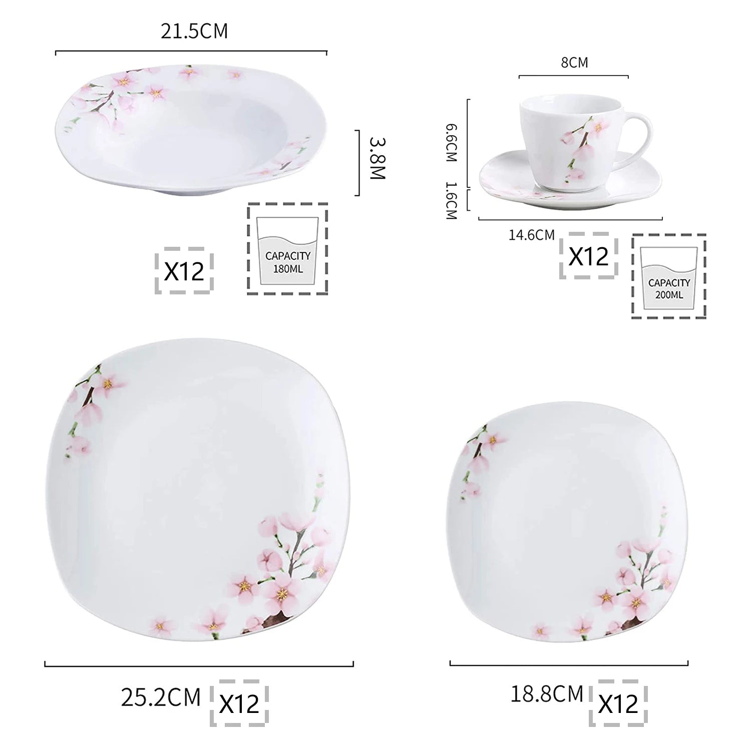 60-Piece White  Pink Floral Porcelain Plate Set