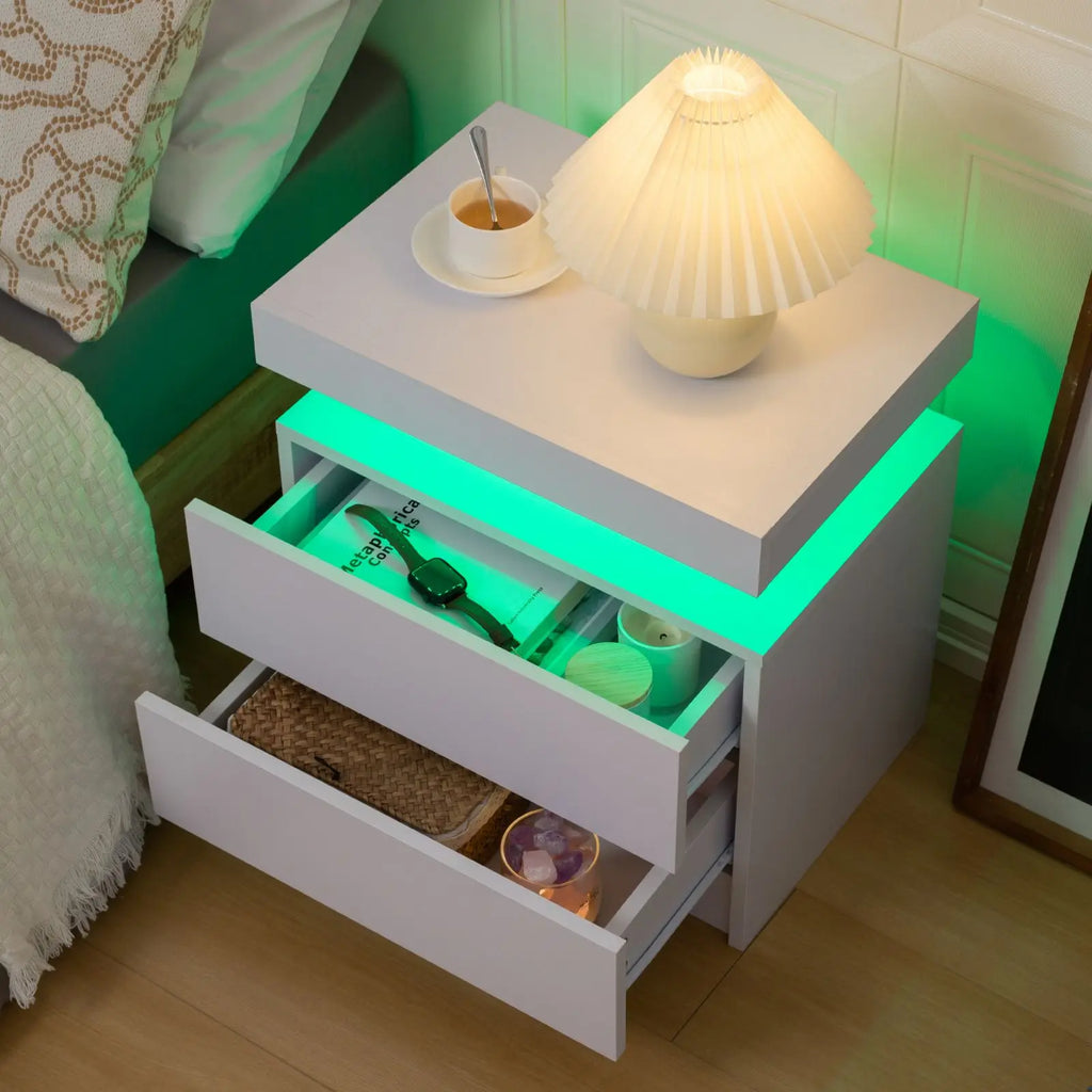 LED Nightstands With 2 Drawers, End Table