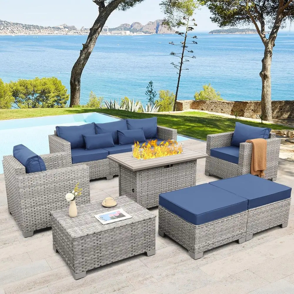 6-Pc Grey Rattan Outdoor Sofa Set With Fire Pit