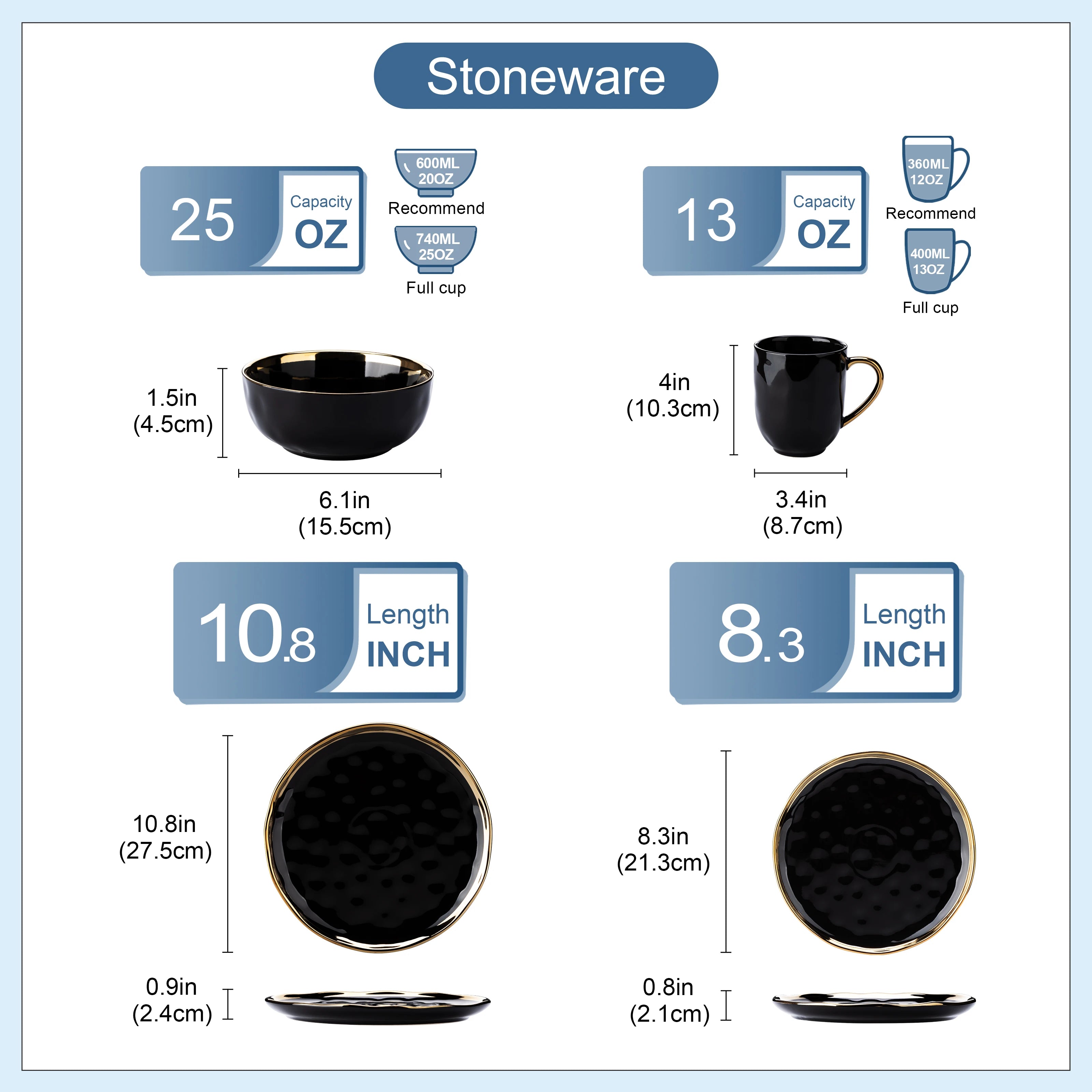 LOVECASA 16/32 Piece Black/Gold Porcelain Dinnerware Set