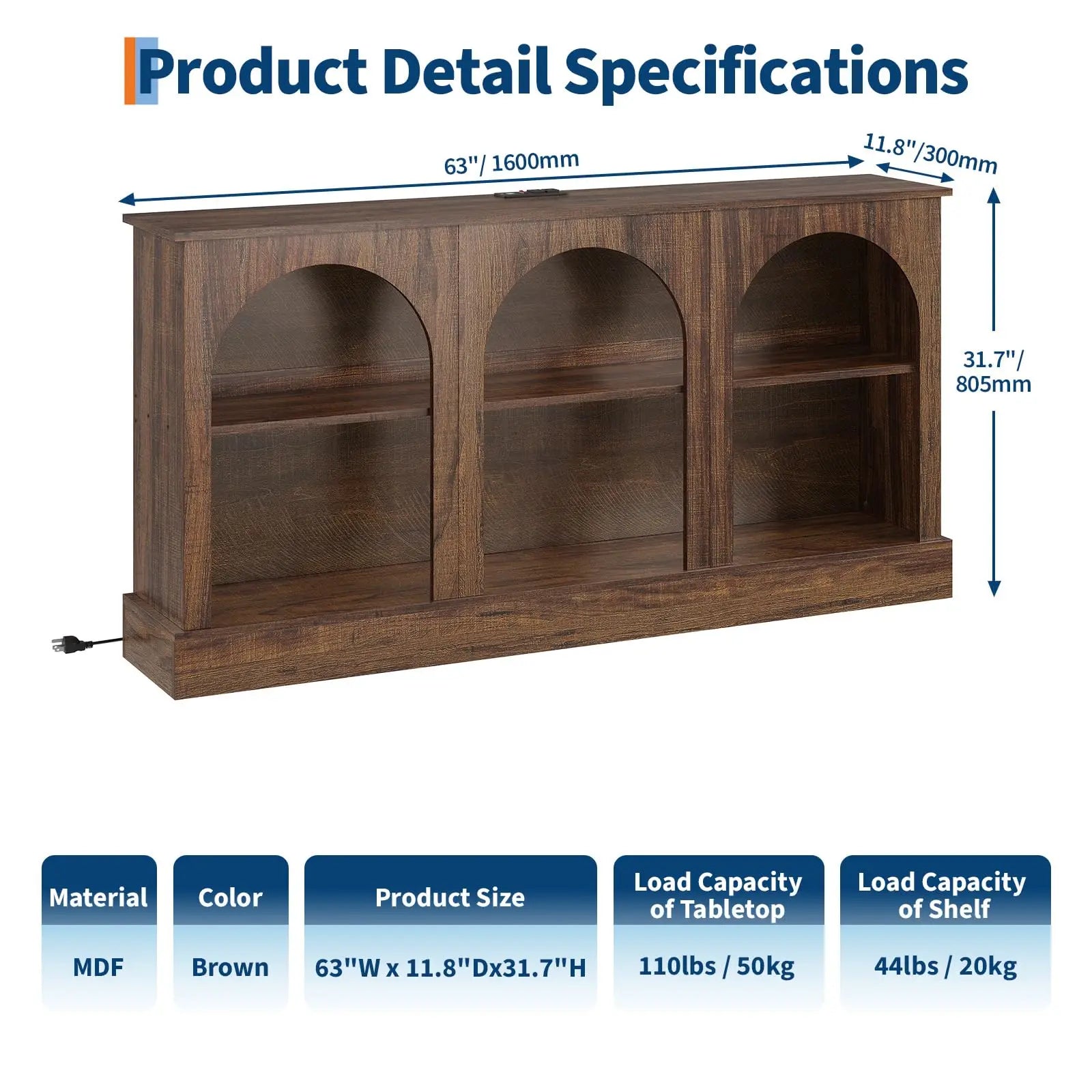 63"TV Stand With Power Outlets & USB