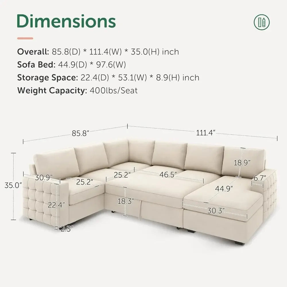 Beige Velvet Sectional Sofa With Pull-Out Bed
