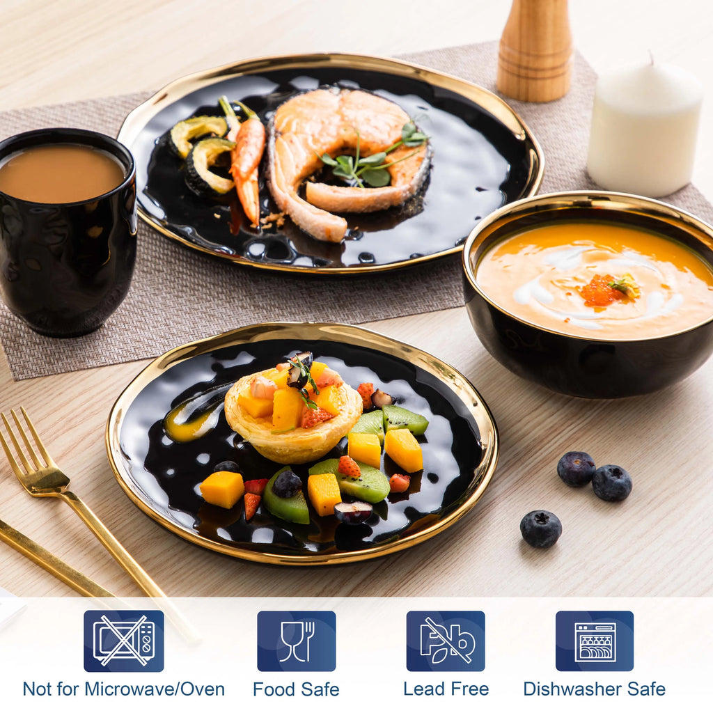 LOVECASA 16/32 Piece Black/Gold Porcelain Dinnerware Set