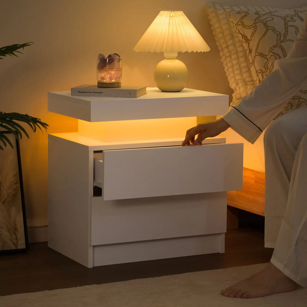 LED Nightstands With 2 Drawers, End Table