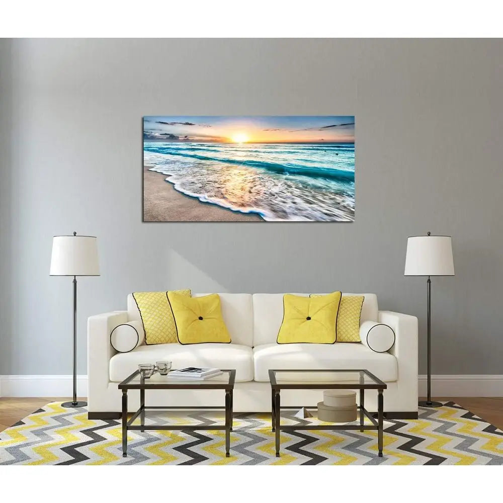 Canvas  Wall Art, Beach Sunset Ocean Waves
