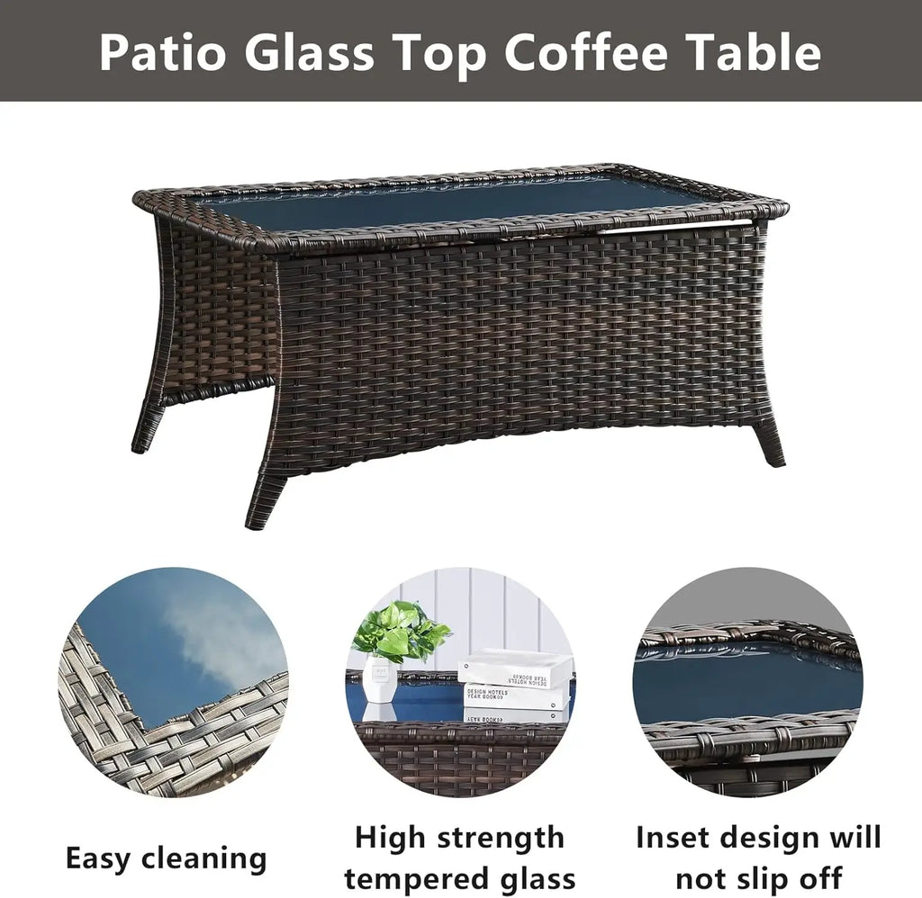 Patio Coffee Rattan Rectangular Glass Table