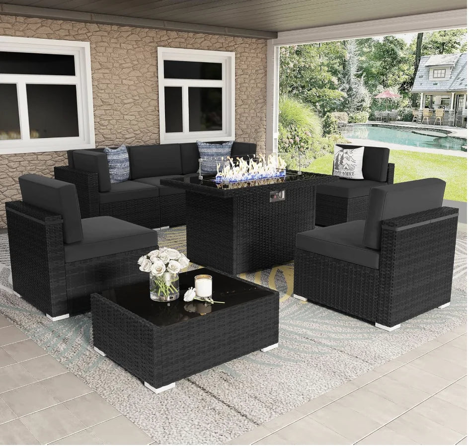 8 Pc wicker Patio Set w/ 44" Propane Fire Pit Table