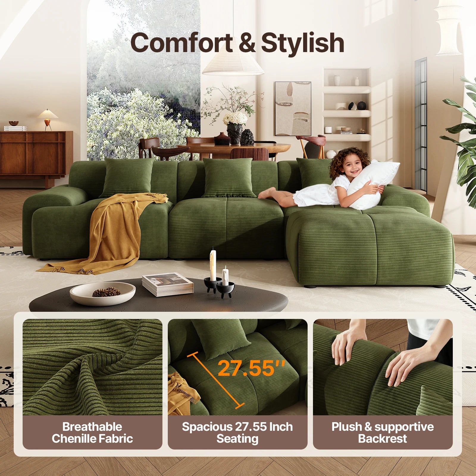 113"  L-Shaped Modular Sectional Sofa And Ottoman