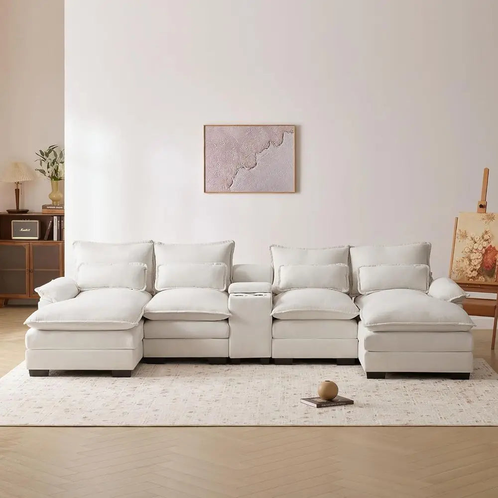 6-Seat U-Shaped Sofa With Cup Holders