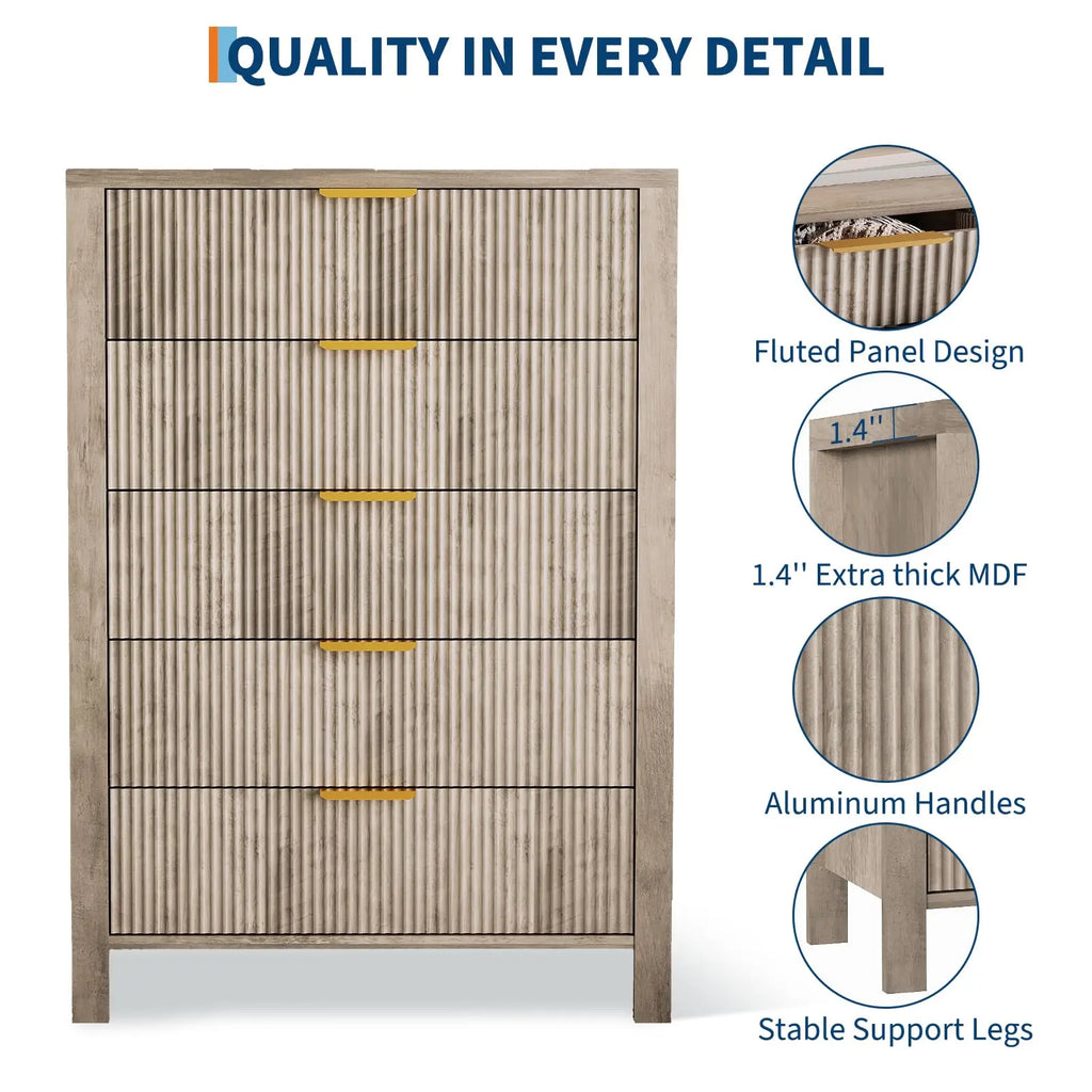 5-Drawer Modern Tall Oak Dresser