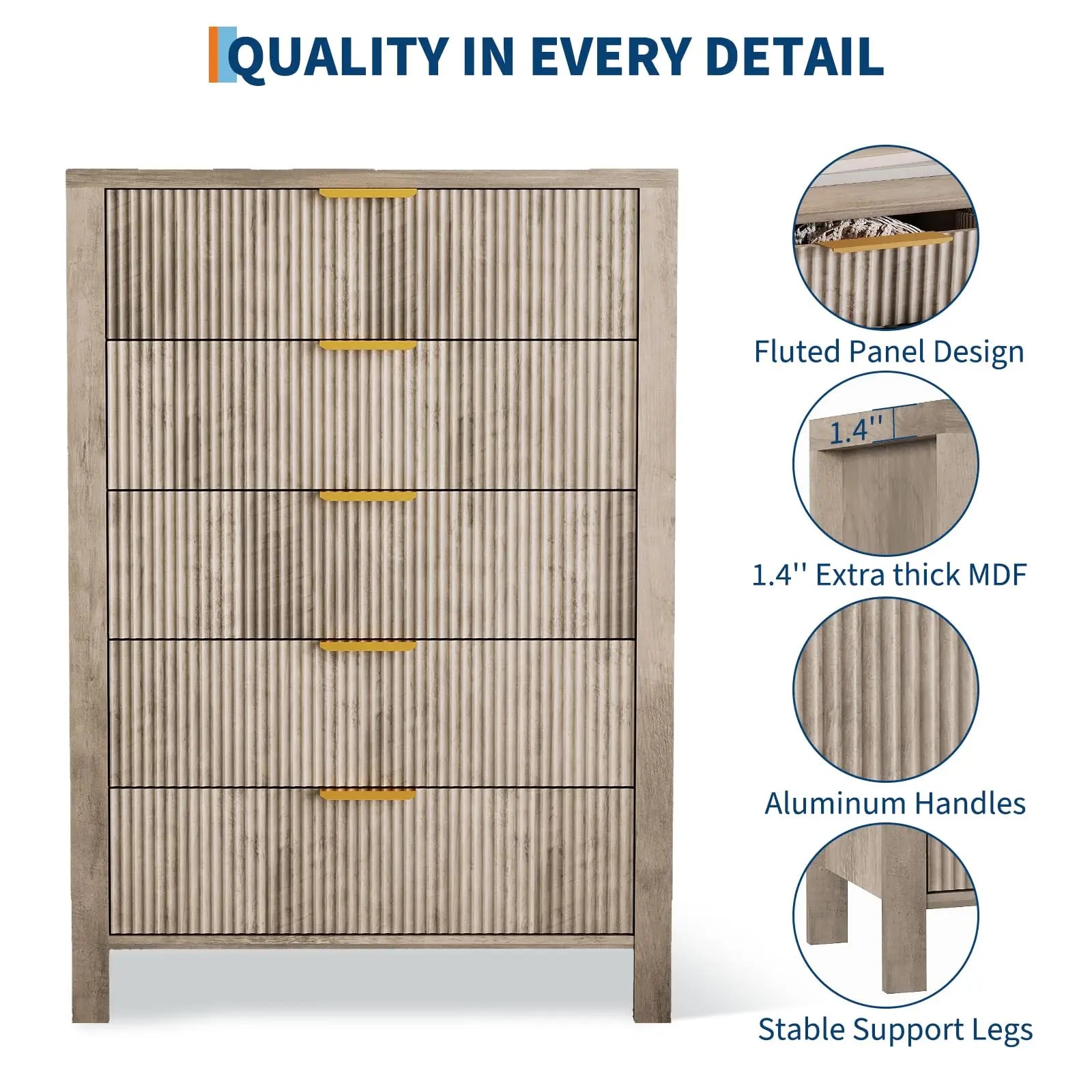 5-Drawer Modern Tall Oak Dresser