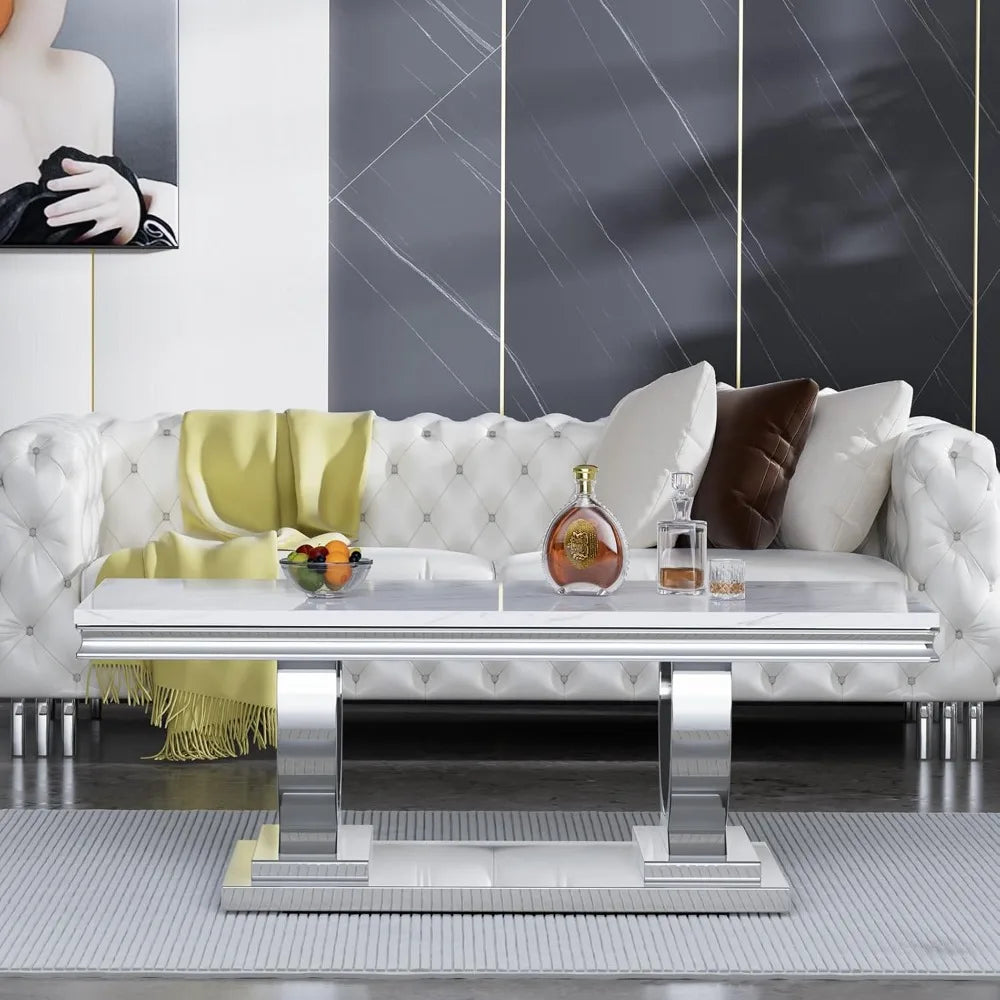 47" Rectangular  White Faux Marble Coffee Table