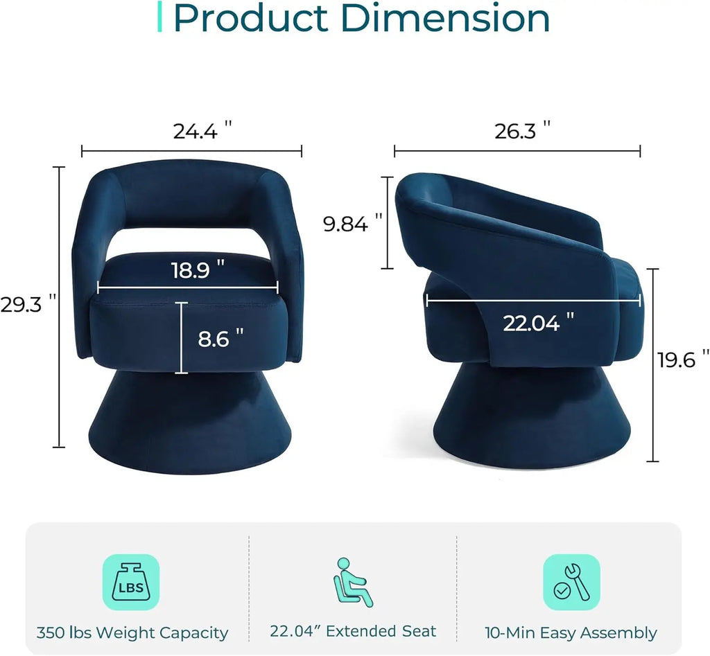 Round Blue Velvet Swivel Barrel Chair