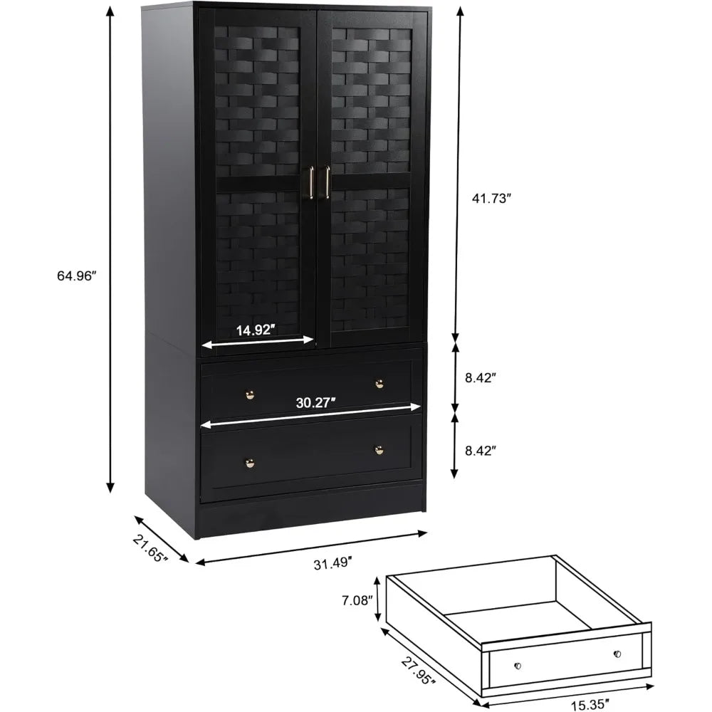 Wooden Wardrobe with 2 Drawers & Hanging
