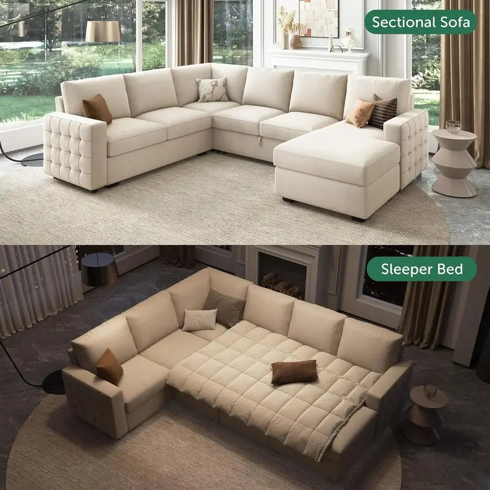 Beige Velvet Sectional Sofa With Pull-Out Bed