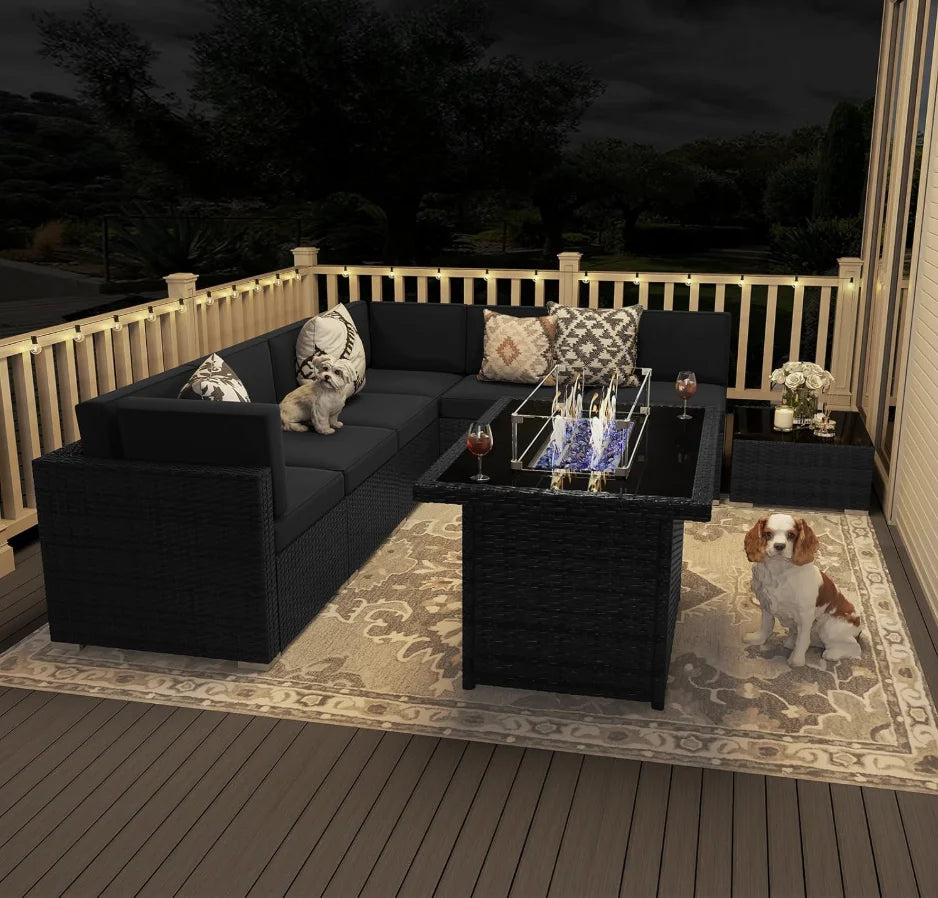 8 Pc wicker Patio Set w/ 44" Propane Fire Pit Table