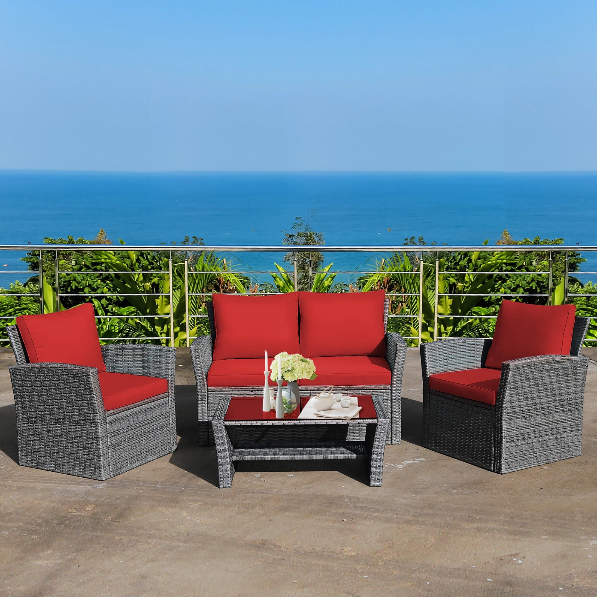 4PC Rattan Patio Furniture Set W/Storage