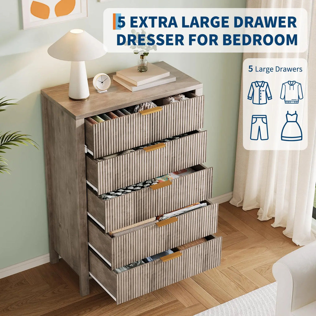 5-Drawer Modern Tall Oak Dresser