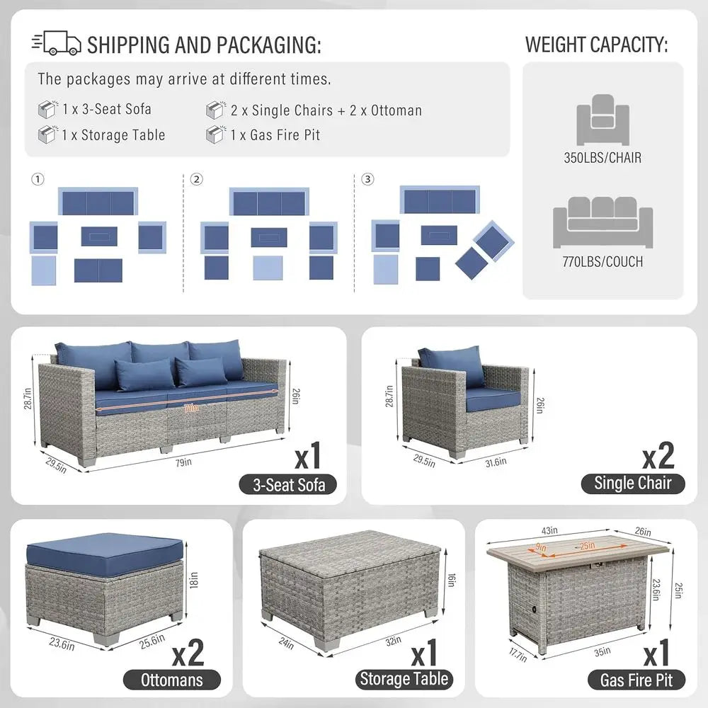 6-Pc Grey Rattan Outdoor Sofa Set With Fire Pit