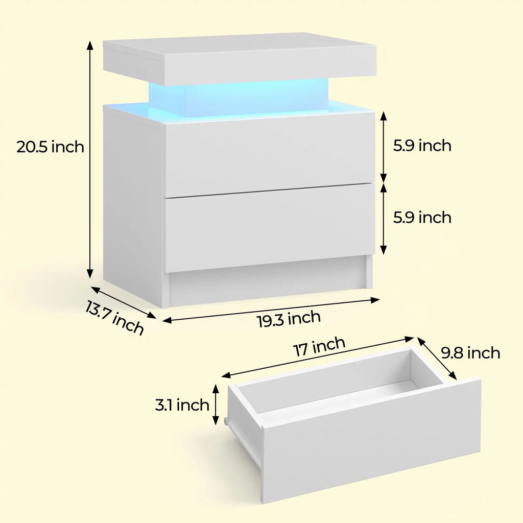 LED Nightstands With 2 Drawers, End Table