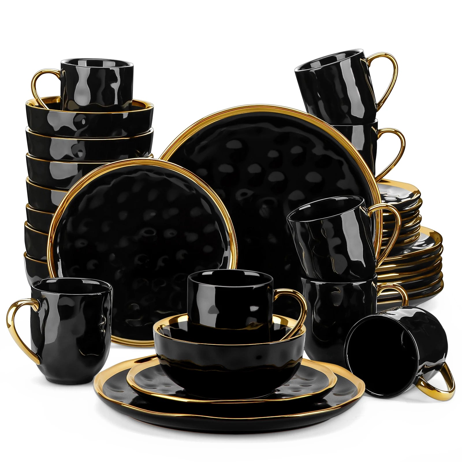 LOVECASA 16/32 Piece Black/Gold Porcelain Dinnerware Set