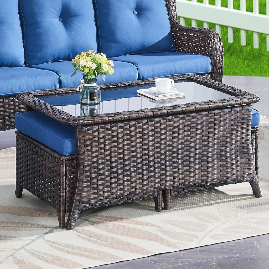 Patio Coffee Rattan Rectangular Glass Table