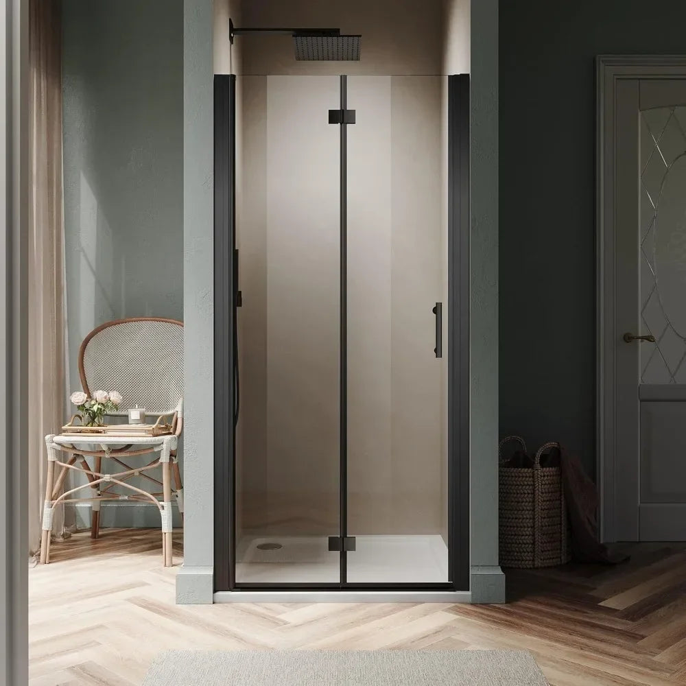 Semi-Frameless Bi-Fold Shower Door 35.5-37" W x 72" H, Reversible, Matte Black