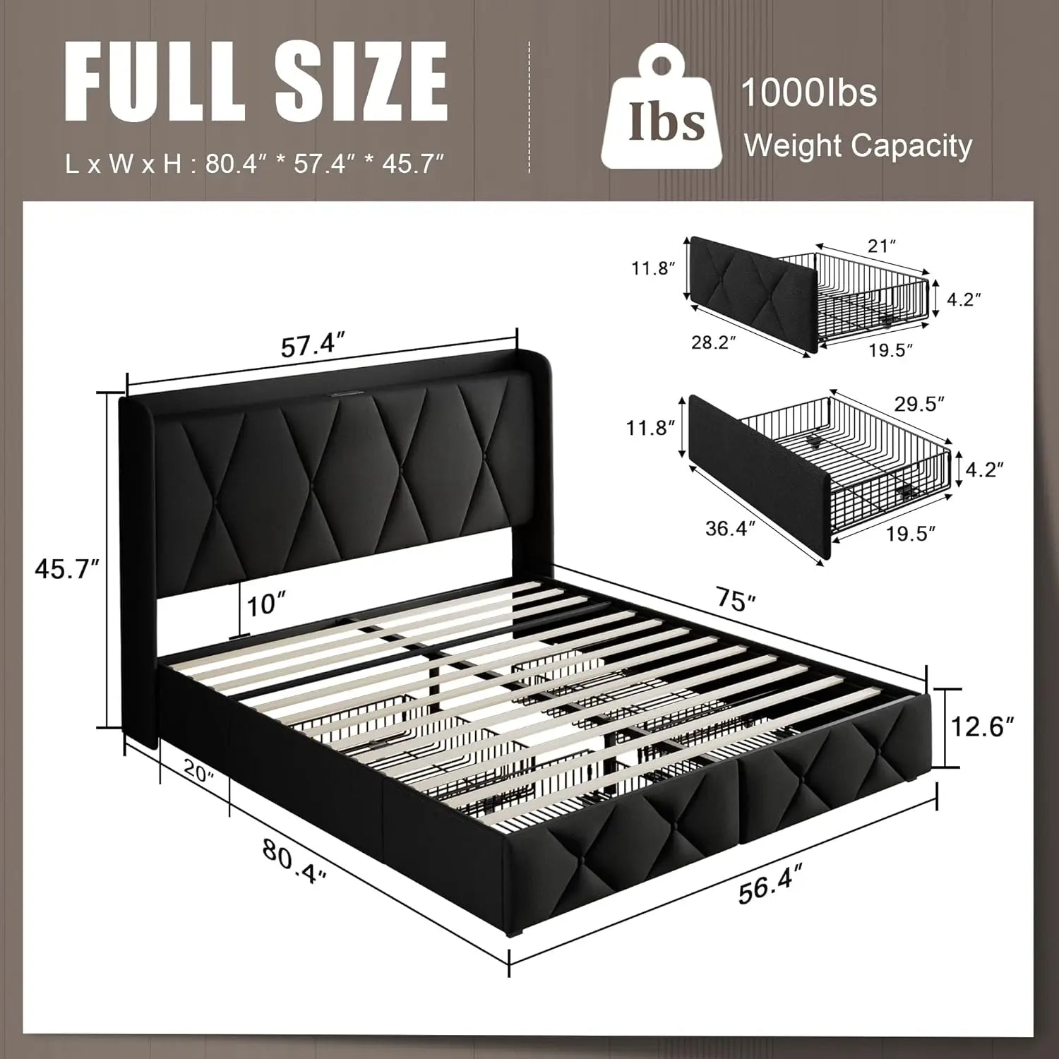 Full Size Bed Frame with Storage Drawers