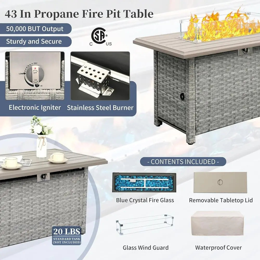 6-Pc Grey Rattan Outdoor Sofa Set With Fire Pit