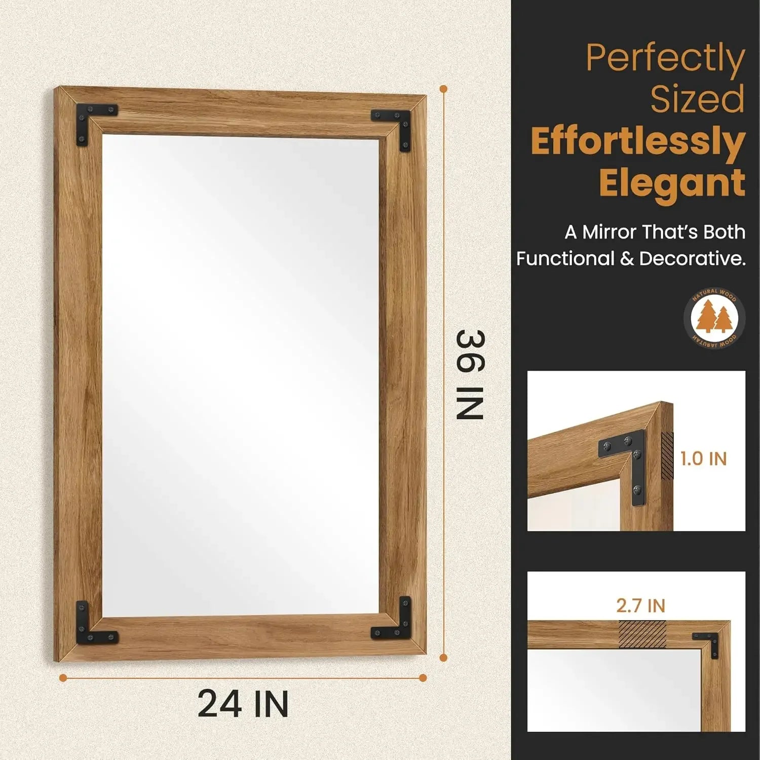 Bathroom Wall Mirror  With Wooden Frame, 36"x24"