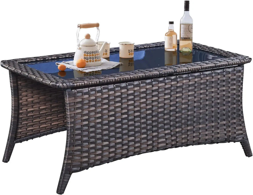 Patio Coffee Rattan Rectangular Glass Table