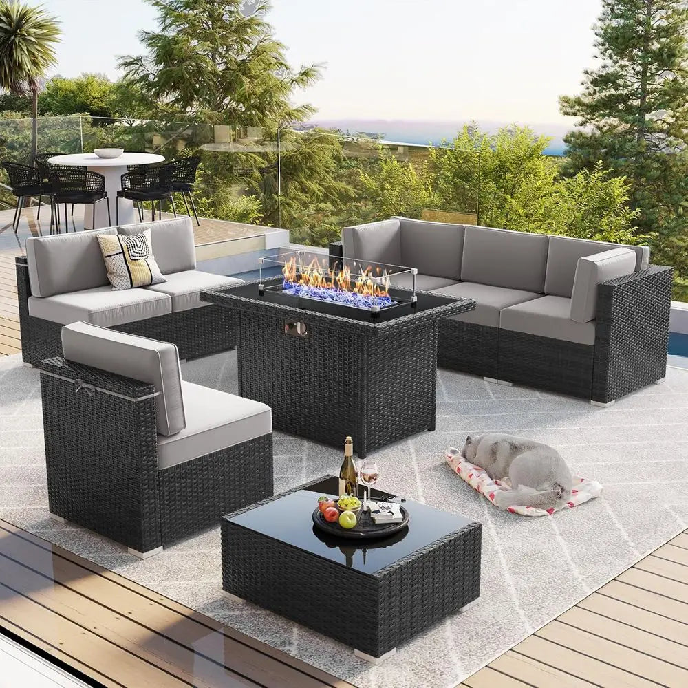 Wicker Rattan Patio Furniture Set With Fire Pit