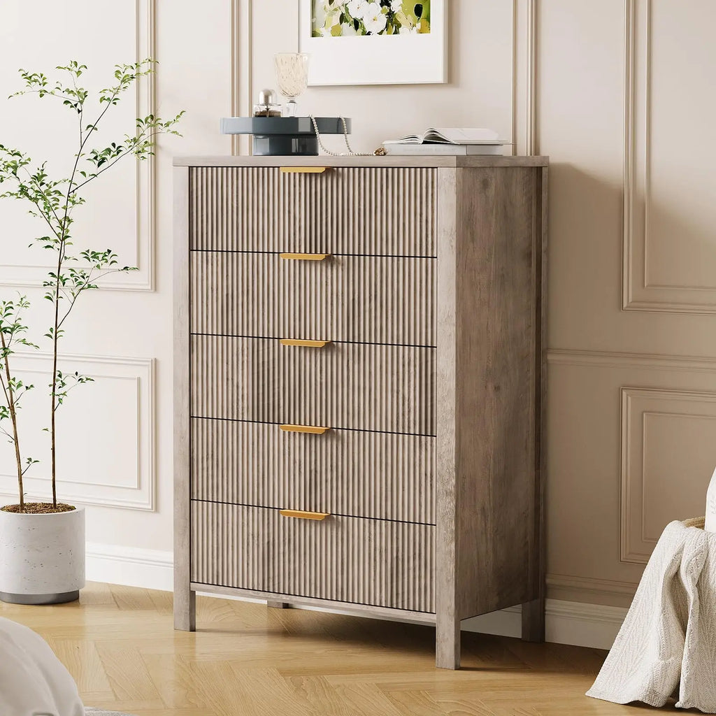 5-Drawer Modern Tall Oak Dresser